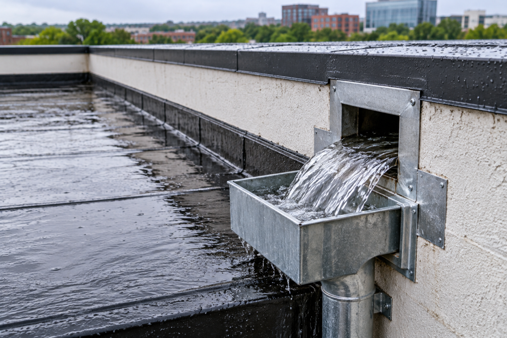 Roof scupper drainage system directing rainwater from a flat commercial roof through a metal scupper and downspout to help prevent water accumulation and roof leaks.
