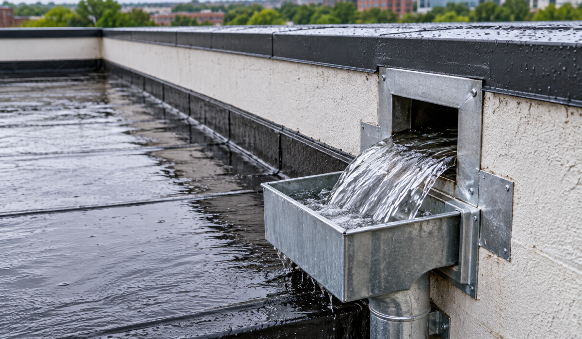Roof scupper drainage system directing rainwater from a flat commercial roof through a metal scupper and downspout to help prevent water accumulation and roof leaks.
