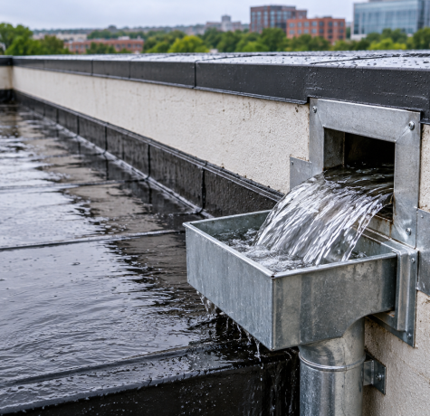 Roof scupper drainage system directing rainwater from a flat commercial roof through a metal scupper and downspout to help prevent water accumulation and roof leaks.
